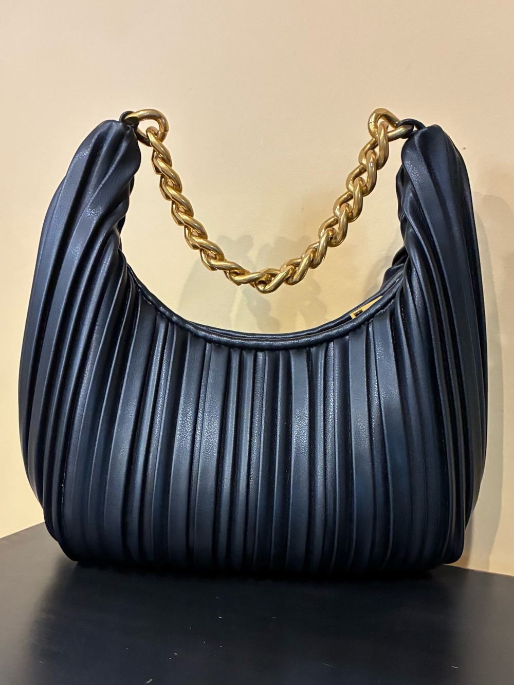Madison West Handbag Crescent Shape Vertical Pleat Gold Chain Vegan Blk